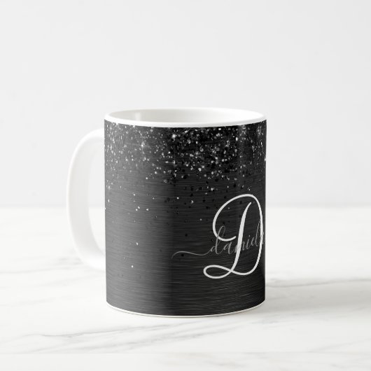 Aangepast zwart glitter Sparkle Monogram Koffiemok (Voorkant links)