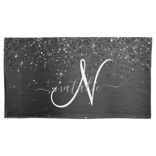 Aangepast zwart glitter Sparkle Monogram Kussensloop (Voorkant)