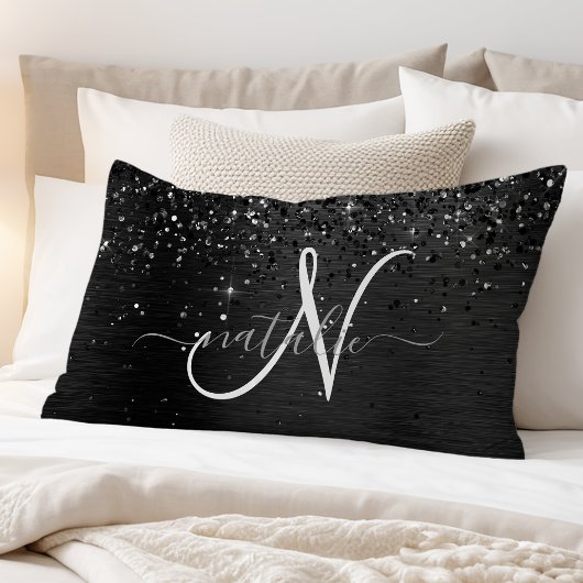 Aangepast zwart glitter Sparkle Monogram Kussensloop