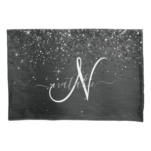 Aangepast zwart glitter Sparkle Monogram Kussensloop (Voorkant)
