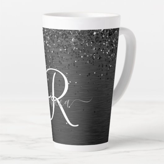 Aangepast zwart glitter Sparkle Monogram Latte Mok (Rechterhoek)