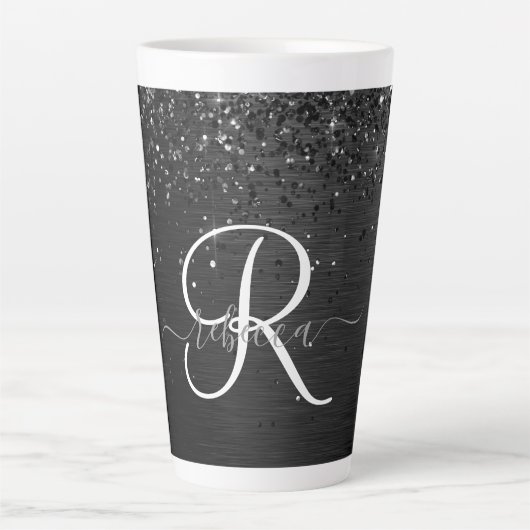 Aangepast zwart glitter Sparkle Monogram Latte Mok (Voorkant)