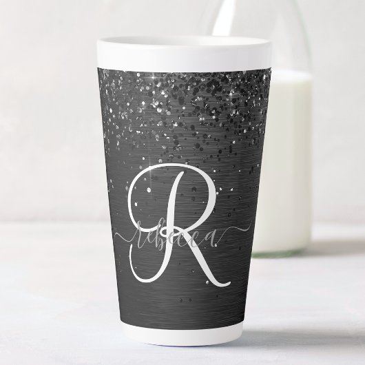 Aangepast zwart glitter Sparkle Monogram Latte Mok
