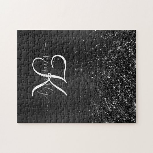 Aangepast zwart glitter Sparkle Monogram Legpuzzel (Horizontaal)