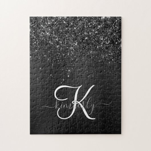 Aangepast zwart glitter Sparkle Monogram Legpuzzel (Verticaal)
