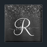 Aangepast zwart glitter Sparkle Monogram Magneet<br><div class="desc">Pas dit trendy elegante magneetontwerp eenvoudig aan met  zwarte mousserende glitter op een zwarte geborstelde metalen achtergrond.</div>