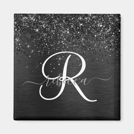 Aangepast zwart glitter Sparkle Monogram Magneet (Voorkant)