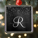 Aangepast zwart glitter Sparkle Monogram Metalen Ornament<br><div class="desc">Pas dit trendy elegante ornament eenvoudig aan met  zwarte mousserende glitter op een zwarte geborstelde metalen achtergrond.</div>