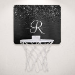 Aangepast zwart glitter Sparkle Monogram Mini Basketbalbord<br><div class="desc">Pas dit trendy elegante basketbalhoepontwerp met  zwarte mousserende glitter op een zwarte geborstelde metalen achtergrond eenvoudig aan.</div>