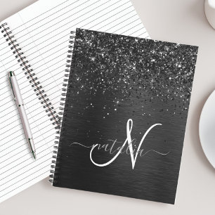 Aangepast zwart glitter Sparkle Monogram Notitieboek