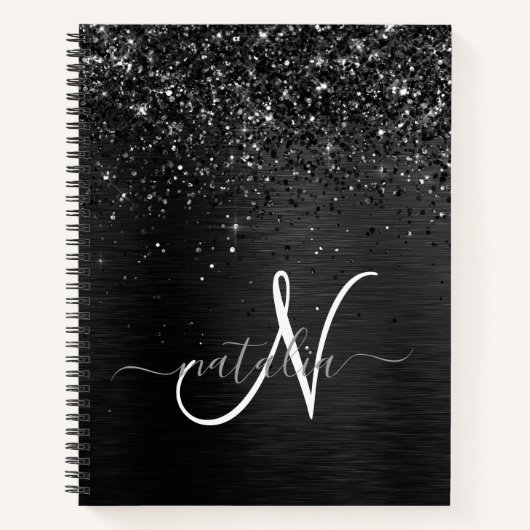 Aangepast zwart glitter Sparkle Monogram Notitieboek (Voorkant)