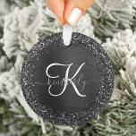 Aangepast zwart glitter Sparkle Monogram Ornament<br><div class="desc">Personaliseer dit trendy elegante ornamenten ontwerp met  zwarte sprankelende faux glitter op een zwart geborstelde metalen achtergrond.</div>