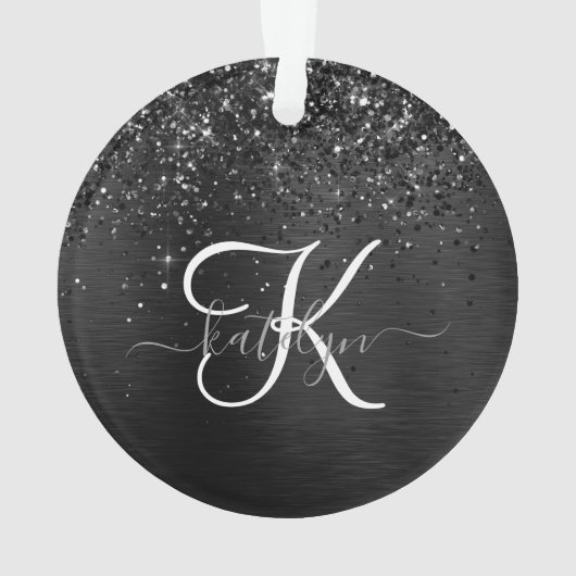 Aangepast zwart glitter Sparkle Monogram Ornament (achterkant)