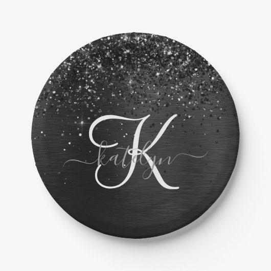 Aangepast zwart glitter Sparkle Monogram Papieren Bordje (Voorkant)