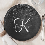 Aangepast zwart glitter Sparkle Monogram Papieren Bordje<br><div class="desc">Pas dit trendy elegante papieren bord eenvoudig aan met  zwarte mousserende glitter op een zwarte geborstelde metalen achtergrond.</div>