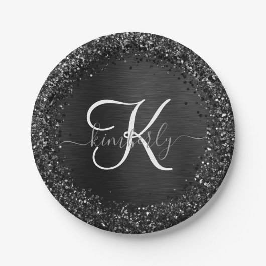 Aangepast zwart glitter Sparkle Monogram Papieren Bordje (Voorkant)