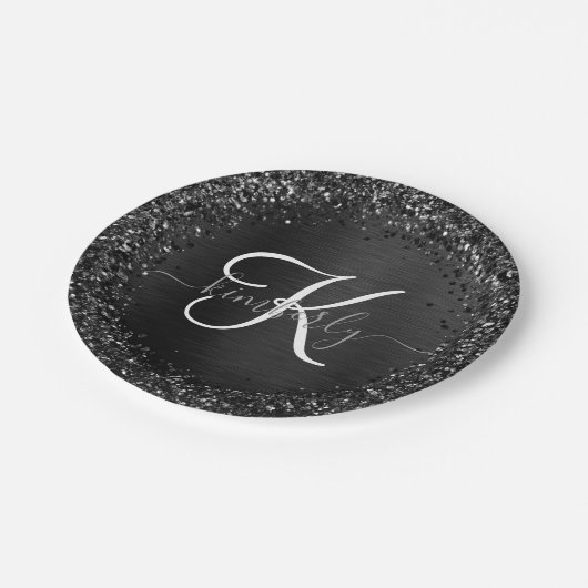 Aangepast zwart glitter Sparkle Monogram Papieren Bordje (Gekanteld)