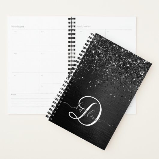 Aangepast zwart glitter Sparkle Monogram Planner (Display)