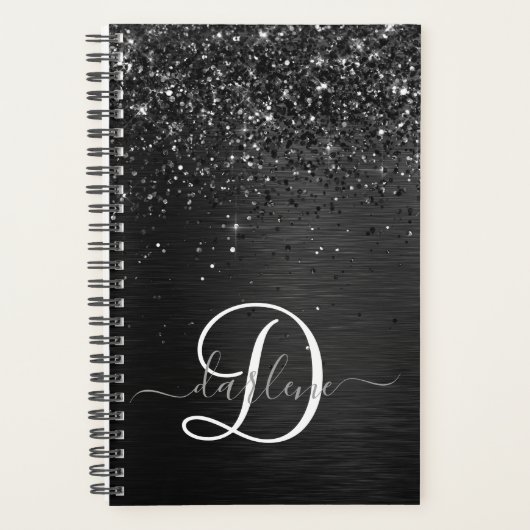 Aangepast zwart glitter Sparkle Monogram Planner (Voorkant)