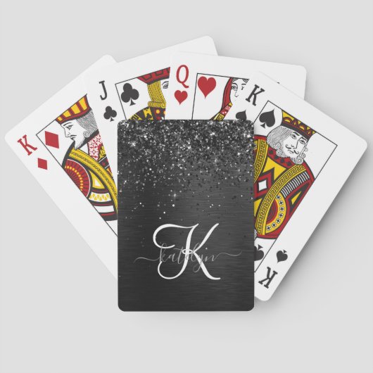 Aangepast zwart glitter Sparkle Monogram Pokerkaarten (Achterkant)