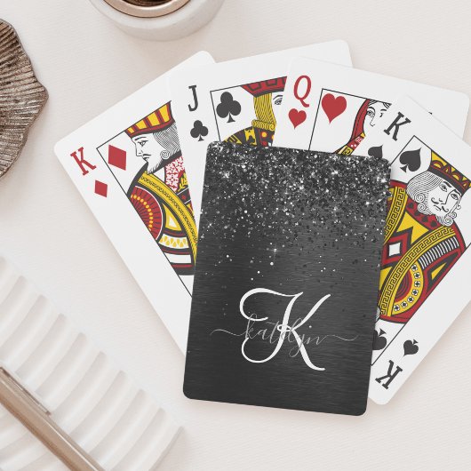 Aangepast zwart glitter Sparkle Monogram Pokerkaarten