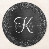 Aangepast zwart glitter Sparkle Monogram Ronde Kartonnen Onderzetter (Voorkant)