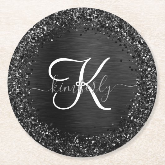 Aangepast zwart glitter Sparkle Monogram Ronde Kartonnen Onderzetter (Voorkant)