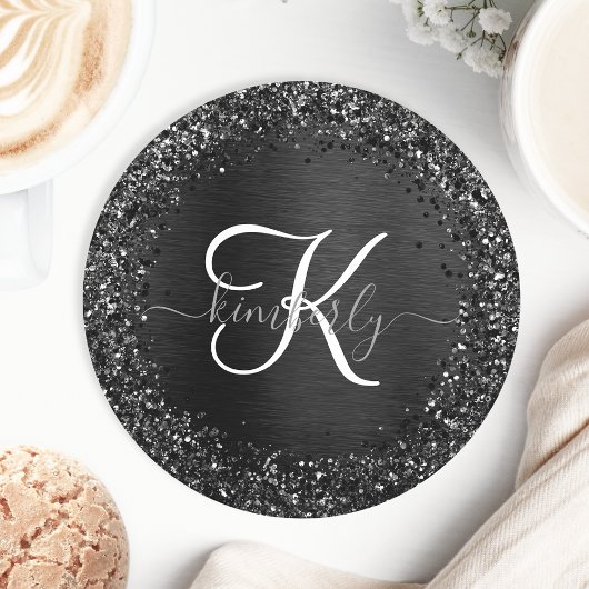 Aangepast zwart glitter Sparkle Monogram Ronde Kartonnen Onderzetter