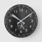 Aangepast zwart glitter Sparkle Monogram Ronde Klok (Voorkant)