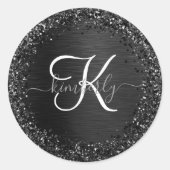 Aangepast zwart glitter Sparkle Monogram Ronde Sticker (Voorkant)