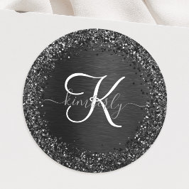 Aangepast zwart glitter Sparkle Monogram Ronde Sticker