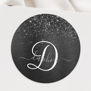 Aangepast zwart glitter Sparkle Monogram Ronde Sticker