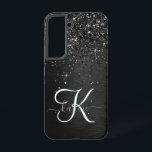 Aangepast zwart glitter Sparkle Monogram Samsung Galaxy Hoesje<br><div class="desc">Pas dit trendy elegante telefoondoosontwerp eenvoudig aan met  zwarte mousserende glitter op een zwarte geborstelde metalen achtergrond.</div>