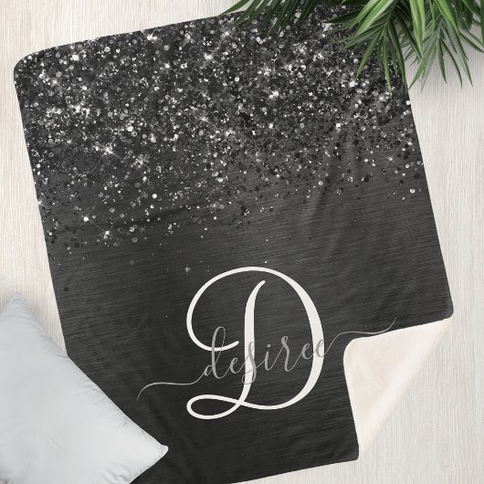 Aangepast zwart glitter Sparkle Monogram Sherpa Deken
