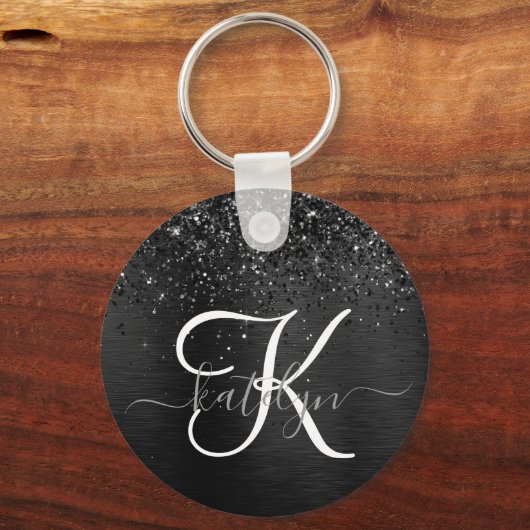 Aangepast zwart glitter Sparkle Monogram Sleutelhanger (Voorkant)