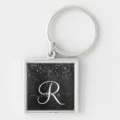 Aangepast zwart glitter Sparkle Monogram Sleutelhanger (Voorkant)