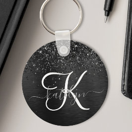 Aangepast zwart glitter Sparkle Monogram Sleutelhanger