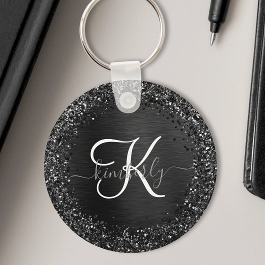 Aangepast zwart glitter Sparkle Monogram Sleutelhanger