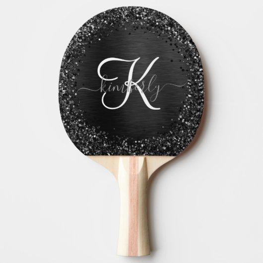 Aangepast zwart glitter Sparkle Monogram Tafeltennisbatje (Voorkant)