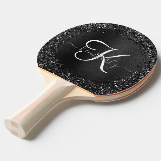 Aangepast zwart glitter Sparkle Monogram Tafeltennisbatje (Voorkant Gekanteld)