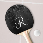 Aangepast zwart glitter Sparkle Monogram Tafeltennisbatje<br><div class="desc">Pas dit trendy elegant pingpongpedelontwerp eenvoudig aan met  zwarte mousserende glitter op een zwarte geborstelde metalen achtergrond.</div>