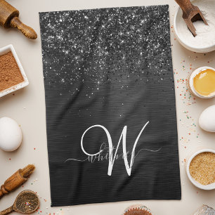 Aangepast zwart glitter Sparkle Monogram Theedoek