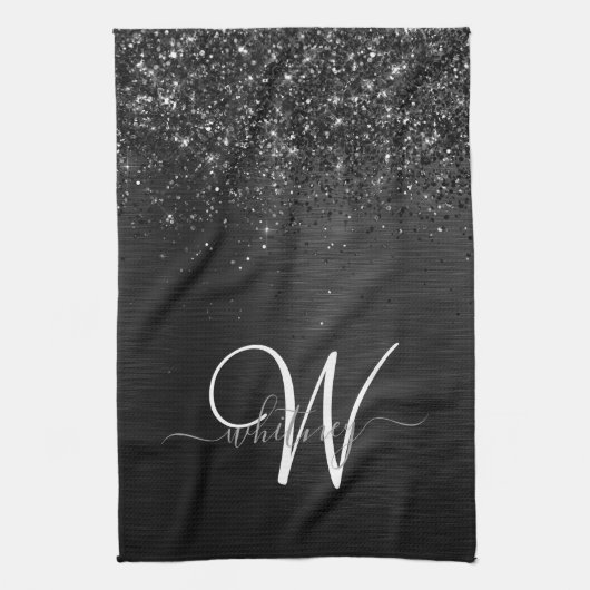 Aangepast zwart glitter Sparkle Monogram Theedoek (Verticaal)