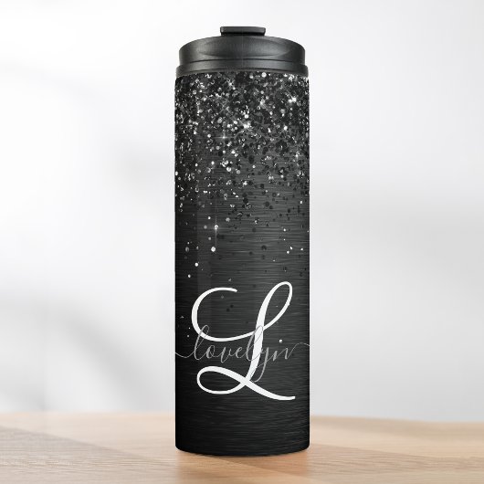 Aangepast zwart glitter Sparkle Monogram Thermosbeker