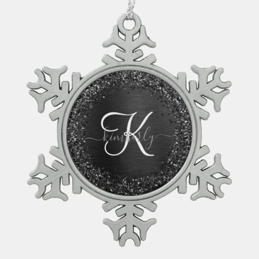 Aangepast zwart glitter Sparkle Monogram Tin Sneeuwvlok Ornament (Voorkant)