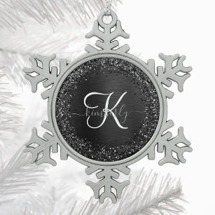 Aangepast zwart glitter Sparkle Monogram Tin Sneeuwvlok Ornament