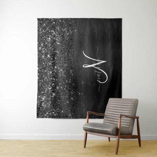 Aangepast zwart glitter Sparkle Monogram Wandkleed (In situ)