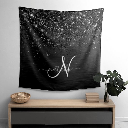 Aangepast zwart glitter Sparkle Monogram Wandkleed