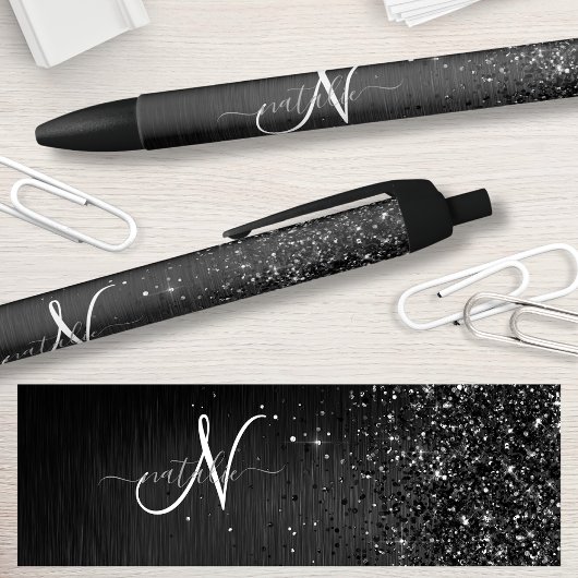 Aangepast zwart glitter Sparkle Monogram Zwarte Inkt Pen