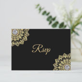 Aangepast zwart goud Indiaas Mandala RSVP Weddensc Kaart (Staand voorkant)